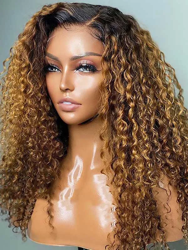 Junoda Dark Roots Ginger Brown Curly Lace Front Wig T1B/30 Colored Ombre Human Hair Wigs