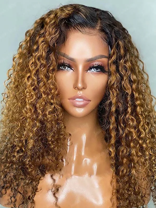 Junoda Dark Roots Ginger Brown Curly Lace Front Wig T1B/30 Colored Ombre Human Hair Wigs