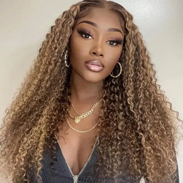 Junoda Hair Highlight Kinky Curly 13x4 Transparent Lace Frontal Human Hair Wigs Brazilian Human Hair 180% Density