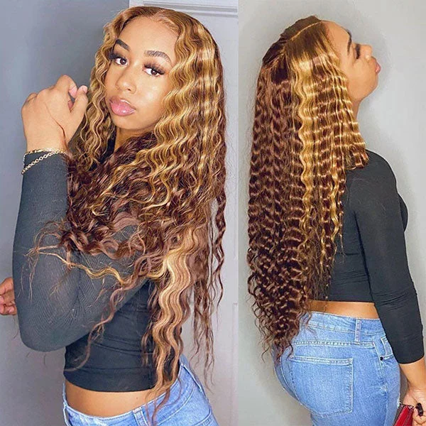 Junoda Hair P4/27 Highlight Deep Wave 13x4 Lace Front Human Hair Wig Brazilian Hair Flash Deal