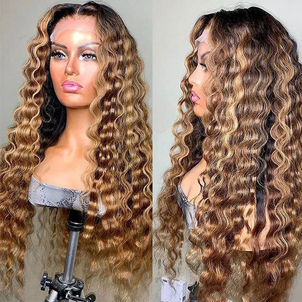 Junoda Hair P4/27 Highlight Deep Wave 13x4 Lace Front Human Hair Wig Brazilian Hair Flash Deal