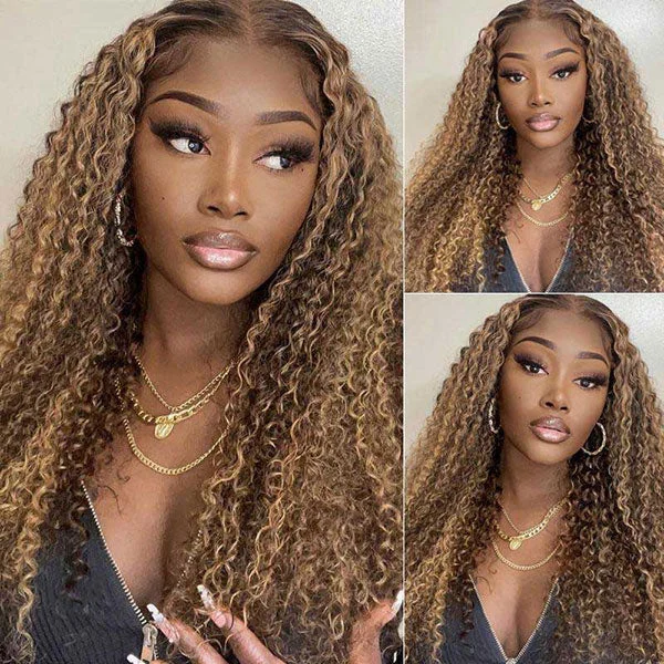 Junoda Highlight Kinky Curly Lace Frontal Human Hair Wigs Flash Deal