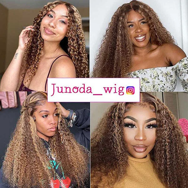 Junoda Highlight Kinky Curly Lace Frontal Human Hair Wigs Flash Deal