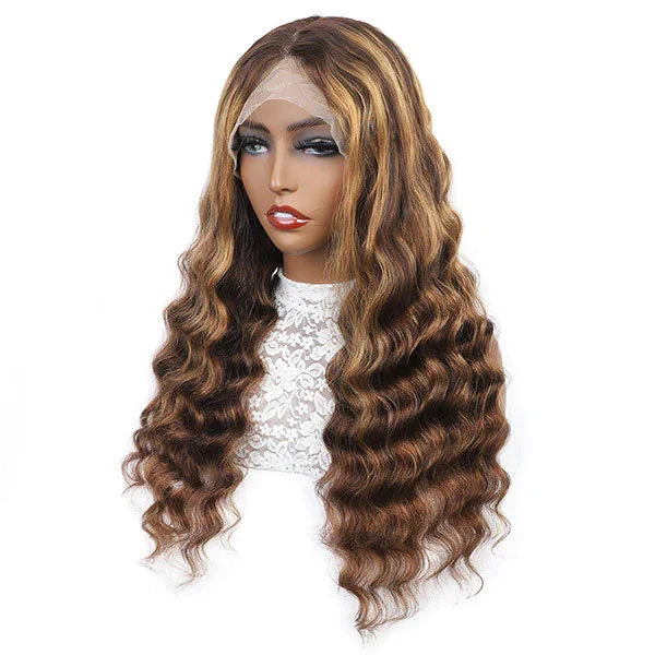 Junoda Highlight Loose Deep Wave Wig P4/27 Brown Blonde Colored Human Hair Lace Wig