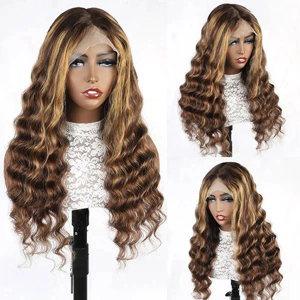 Junoda Highlight Loose Deep Wave Wig P4/27 Brown Blonde Colored Human Hair Lace Wig