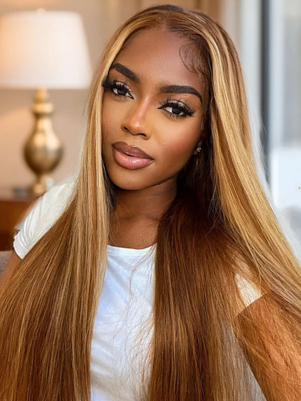 Junoda Highlight Straight Wig Blonde Brown Colored Human Hair Wigs T Part Lace Wig