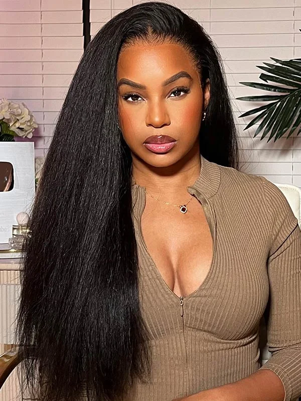 Junoda Kinky Straight 13x4 Transparent Lace Front Wig Coarse Yaki Human Hair Wigs