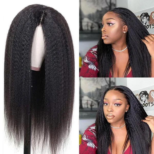 Junoda Kinky Straight 13x4 Transparent Lace Front Wig Coarse Yaki Human Hair Wigs