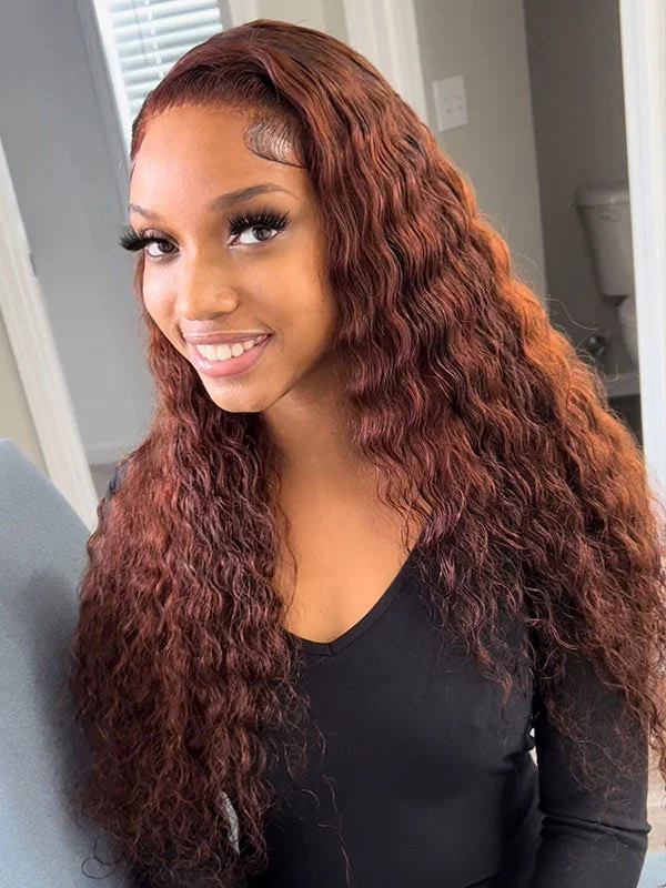 Queenleoraisback recommend Junoda Reddish Brown Deep Wave Lace Front Wig 100% Virgin Human Hair Wigs #33 Auburn Copper Color