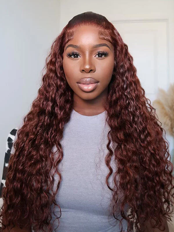 Queenleoraisback recommend Junoda Reddish Brown Deep Wave Lace Front Wig 100% Virgin Human Hair Wigs #33 Auburn Copper Color