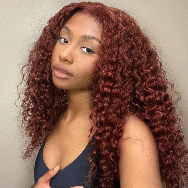 Queenleoraisback recommend Junoda Reddish Brown Deep Wave Lace Front Wig 100% Virgin Human Hair Wigs #33 Auburn Copper Color