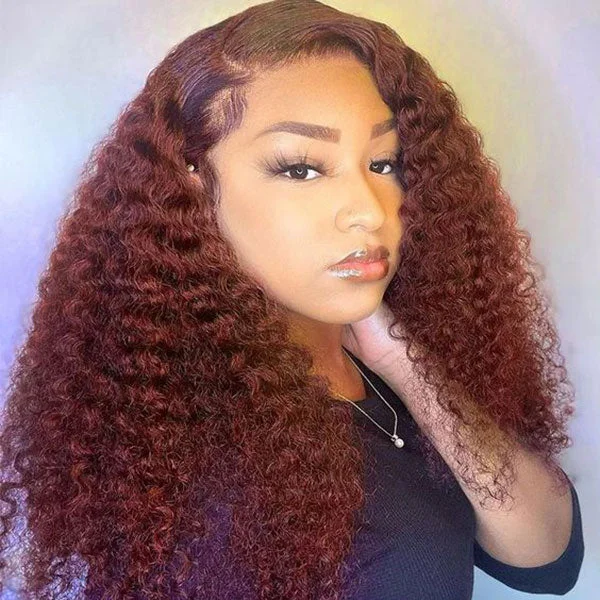 Queenleoraisback recommend Junoda Reddish Brown Deep Wave Lace Front Wig 100% Virgin Human Hair Wigs #33 Auburn Copper Color