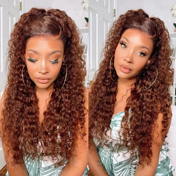 Queenleoraisback recommend Junoda Reddish Brown Deep Wave Lace Front Wig 100% Virgin Human Hair Wigs #33 Auburn Copper Color