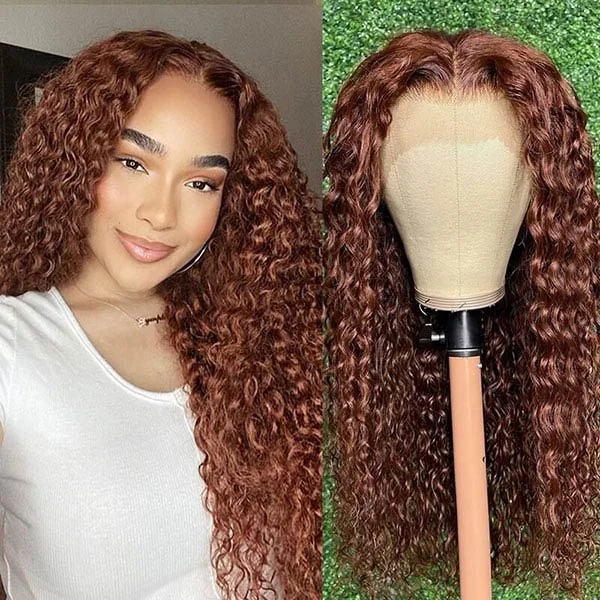 Queenleoraisback recommend Junoda Reddish Brown Deep Wave Lace Front Wig 100% Virgin Human Hair Wigs #33 Auburn Copper Color