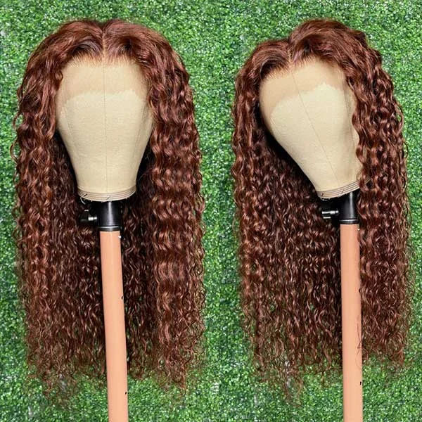 Queenleoraisback recommend Junoda Reddish Brown Deep Wave Lace Front Wig 100% Virgin Human Hair Wigs #33 Auburn Copper Color