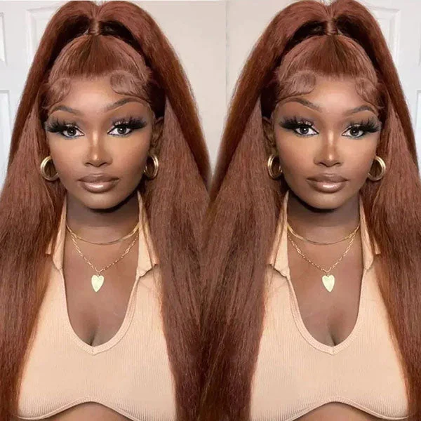 Kashia Jabre Love halssa JustJazzy Recommend Junoda Reddish Brown Kinky Straight Lace Front Wig Auburn Copper Color Yaki Coarse Human Hair Wigs