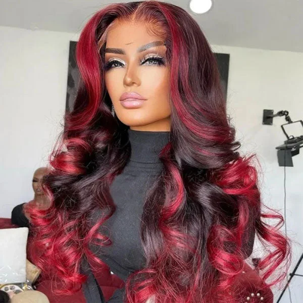 Junoda Spicy Red Wine Highlight Wig Loose Wave 13x4 Lace Front Human Hair Wigs