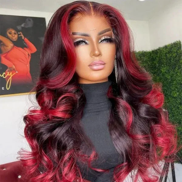 Junoda Spicy Red Wine Highlight Wig Loose Wave 13x4 Lace Front Human Hair Wigs