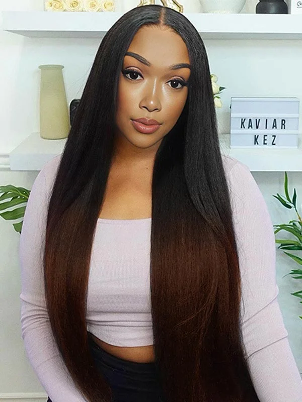 Junoda T1B/30 Kinky Straight Lace Front Wig Ginger Brown Ombre Human Hair Wigs for Sale