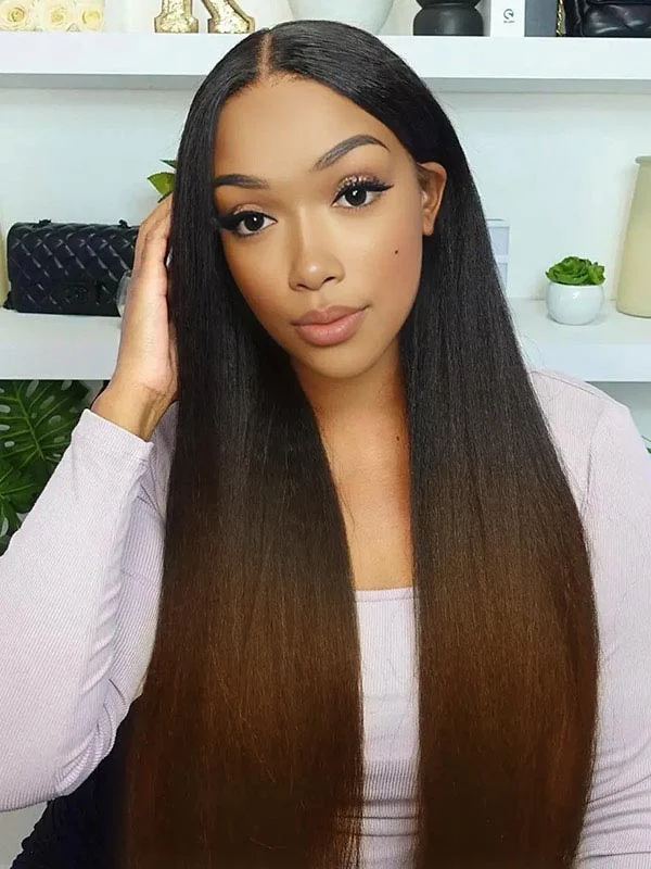 Junoda T1B/30 Kinky Straight Lace Front Wig Ginger Brown Ombre Human Hair Wigs for Sale