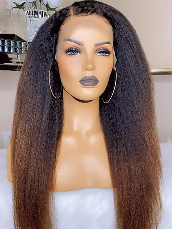 Junoda T1B/30 Kinky Straight Lace Front Wig Ginger Brown Ombre Human Hair Wigs for Sale