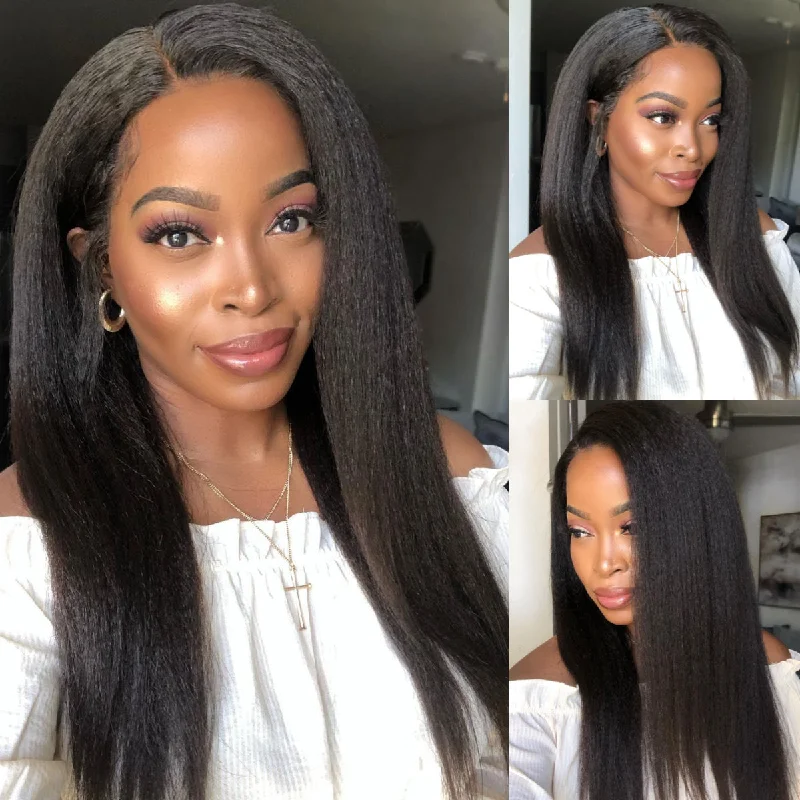 Kinky Straight Lace Front Synthetic Hair Wigs Yaki Straight Lace Front Wigs For Black Women Natural Color