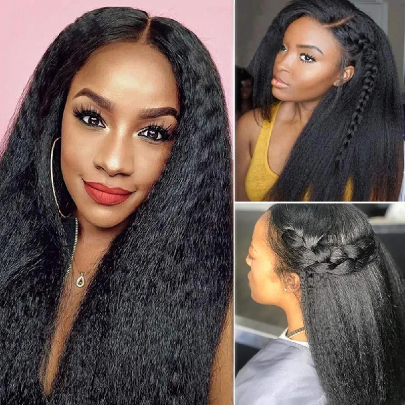 10-32 inch Kinky Straight Yaki Human Hair Lace Front Wigs