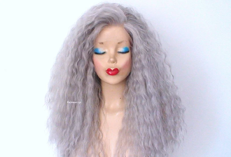 24"" Lace Front Gray Long Wavy Hairstyle Wig