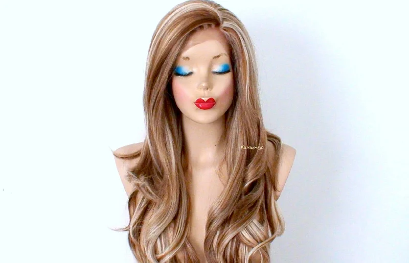 26"" Lace Front Brown Blonde Long Curly Hair Long Side Bangs Wig