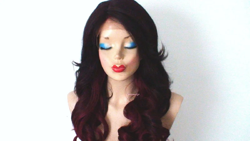 24"" Lace front Burgundy-Wine Red Ombre Curly Hair Wig. Deep Lace Invisible Part Wig.