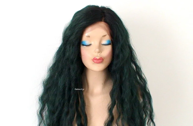 30"" Lace front Deep Forest Green Dark Roots Beach Wave Hairstyle Wig