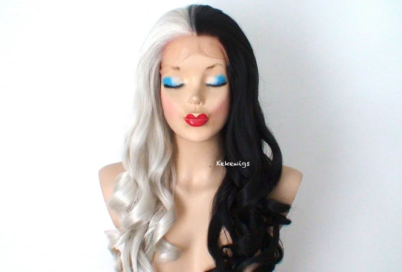 28"" Lace front Gray Black Side by Side Long Wavy Hair Wig