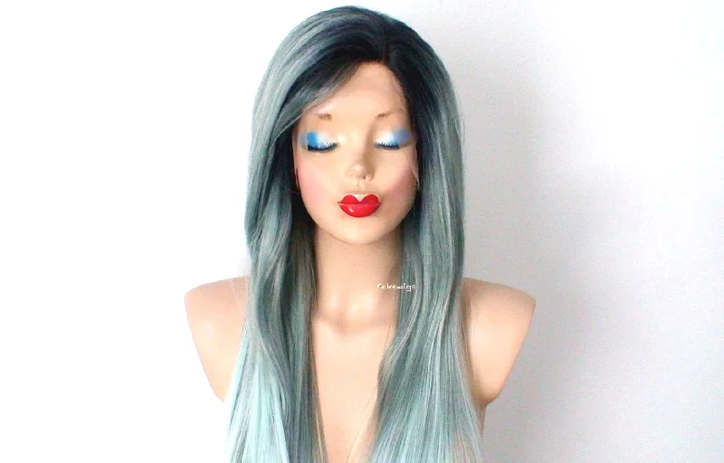 28"" Lace front Pastel Mint Gray Ombre Long Straight Hair Wig