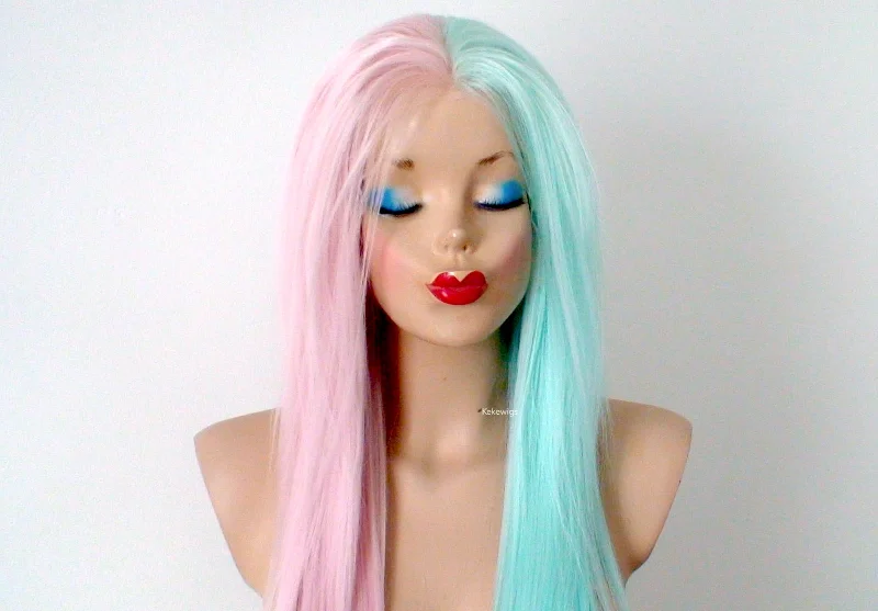 30"" Lace front Pastel Pink Mint Side by Side Long Straight Layered Heat Friendly Synthetic Wg for women. Long straight Half pink half mint lace wig. Everyday wig. Cosplay wig