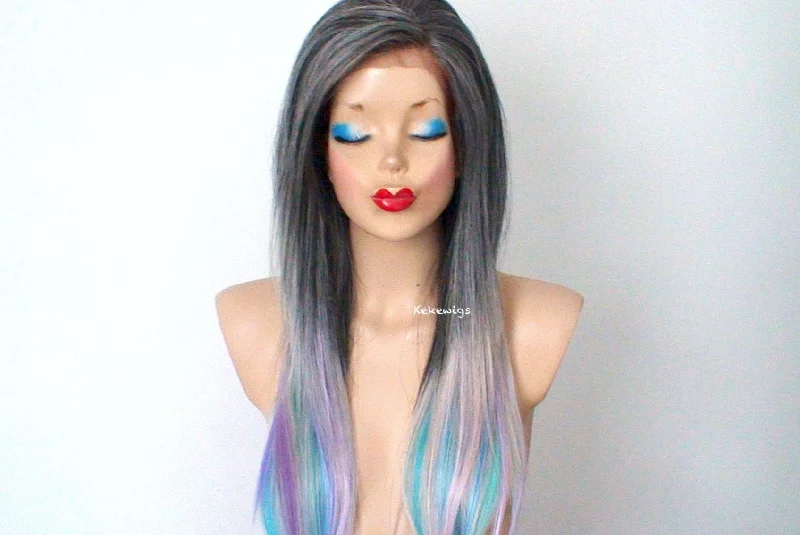 28"" Lace Front Gray Pink Teal Blue Lavender Purple Blue Ombre Long Straight Layered Hair Long Side Bangs Wig