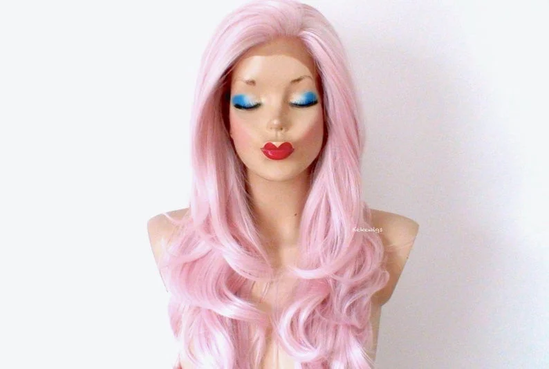 26"" Lace front Pastel Pink Curly Hair Long Side Bangs Wig