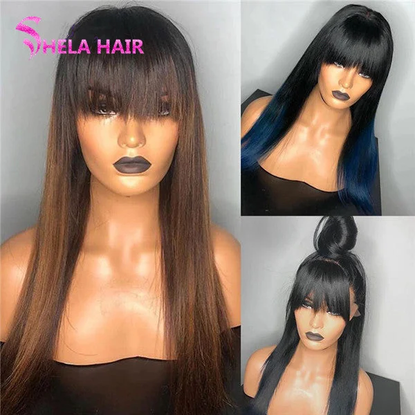 Straight With Bang Wigs Black Brown Blue Lace Wig