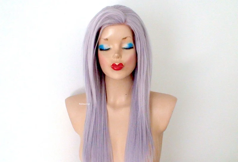 28"" Lace Front Pastel Lavender Gray Long Straight Layered Hair  Side Bangs Wig