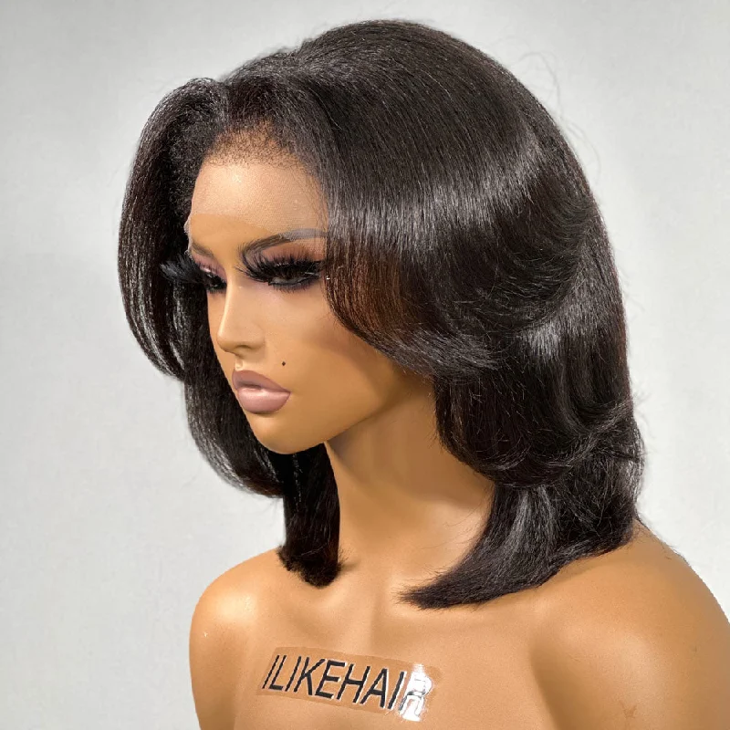 Layered Cut Kinky Straight Bob Kinky Edges HD Lace Wig