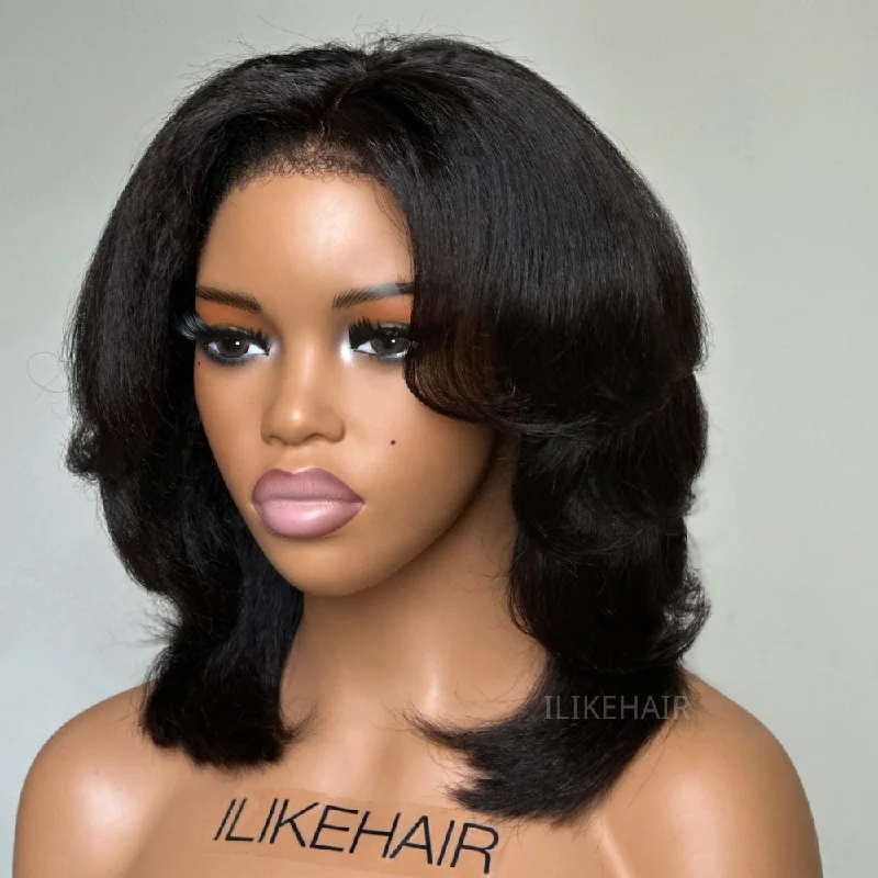 Layered Cut Kinky Straight Bob Kinky Edges HD Lace Wig