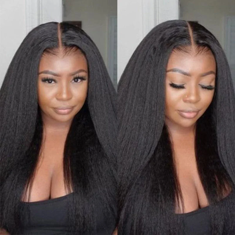 Layered Edge Kinky Straight 13x5 Lace Front Human Hair Wig Pre Plucked Hairline Natural Black