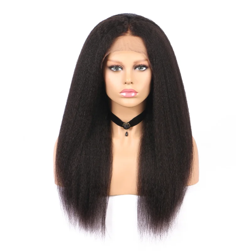 Layered Edge Kinky Straight 13x5 Lace Front Human Hair Wig Pre Plucked Hairline Natural Black