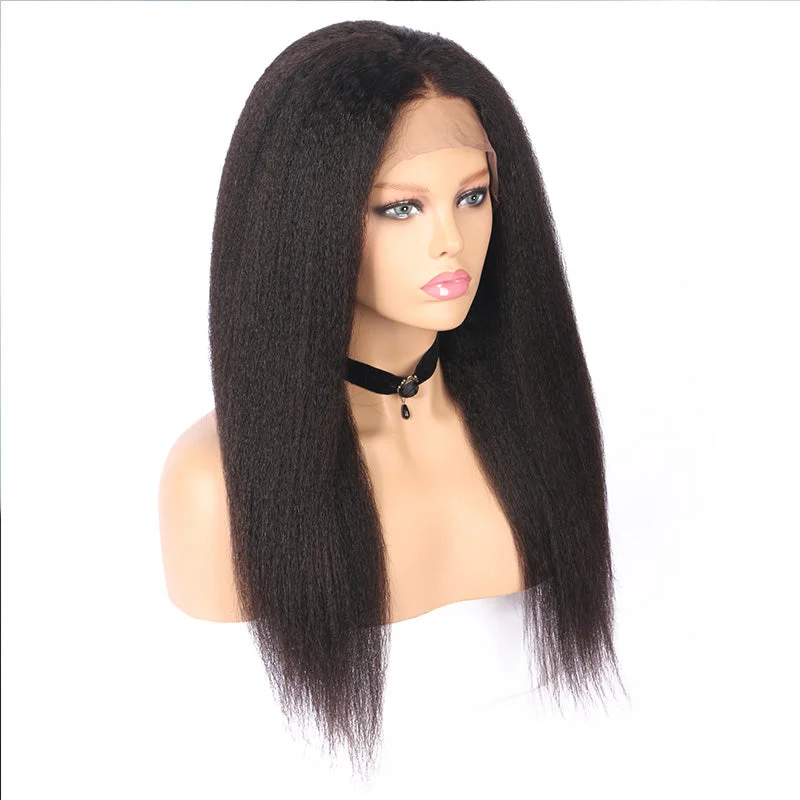 Layered Edge Kinky Straight 13x5 Lace Front Human Hair Wig Pre Plucked Hairline Natural Black