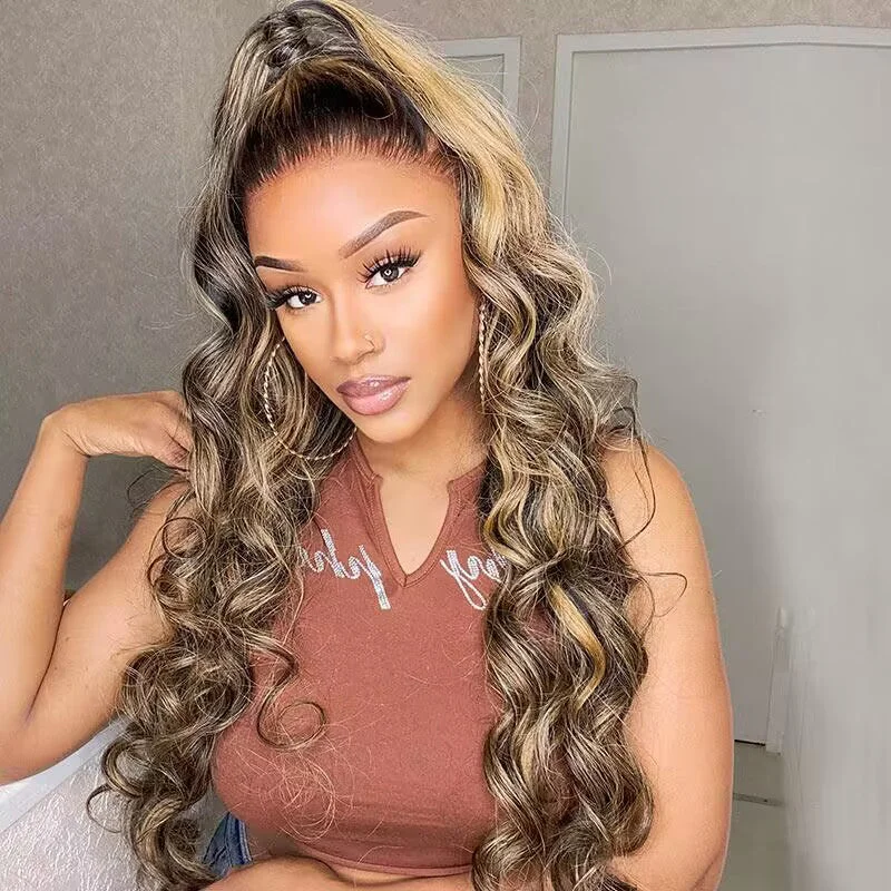 Loose Deep Wave Balayage Highlight Honey Blonde Full Frontal HD Lace Glueless Wigs