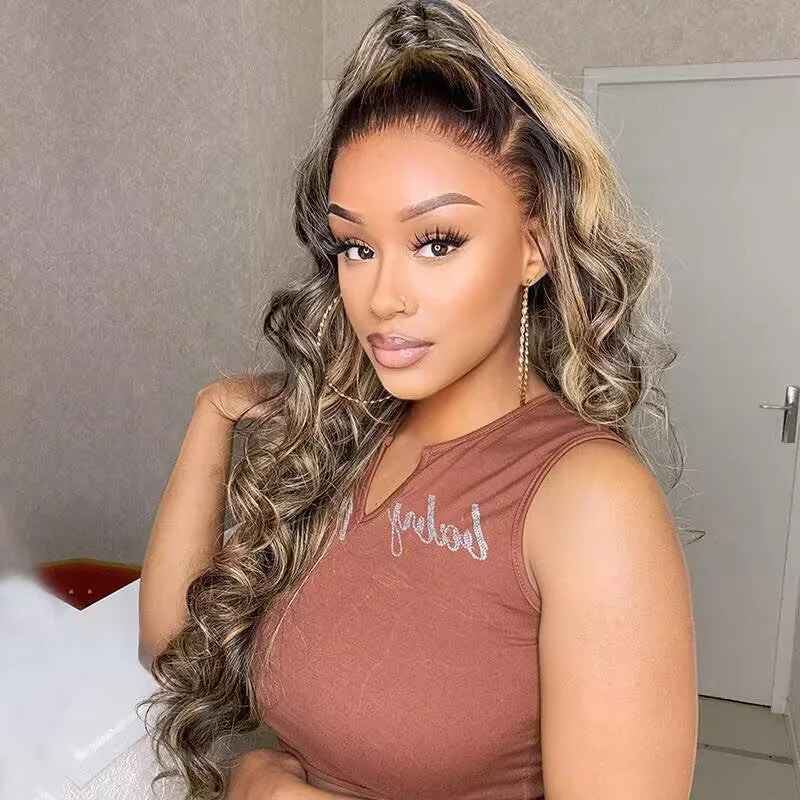 Loose Deep Wave Balayage Highlight Honey Blonde Full Frontal HD Lace Glueless Wigs