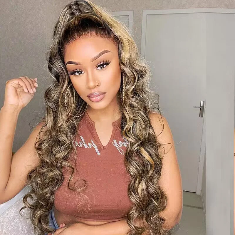 Loose Deep Wave Balayage Highlight Honey Blonde Full Frontal HD Lace Glueless Wigs