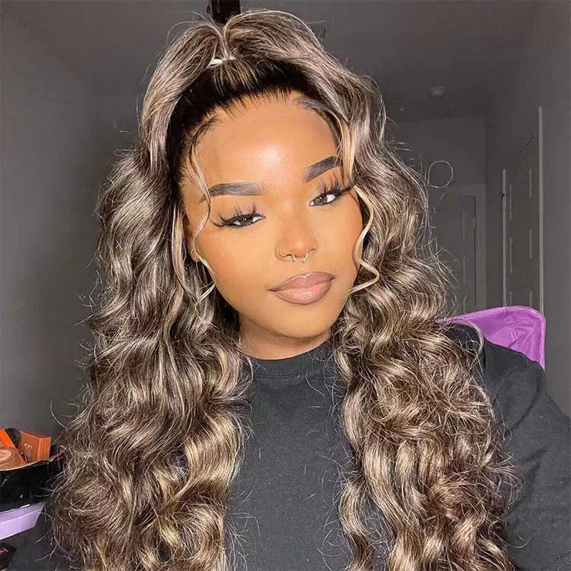 Loose Deep Wave Balayage Highlight Honey Blonde Full Frontal HD Lace Glueless Wigs