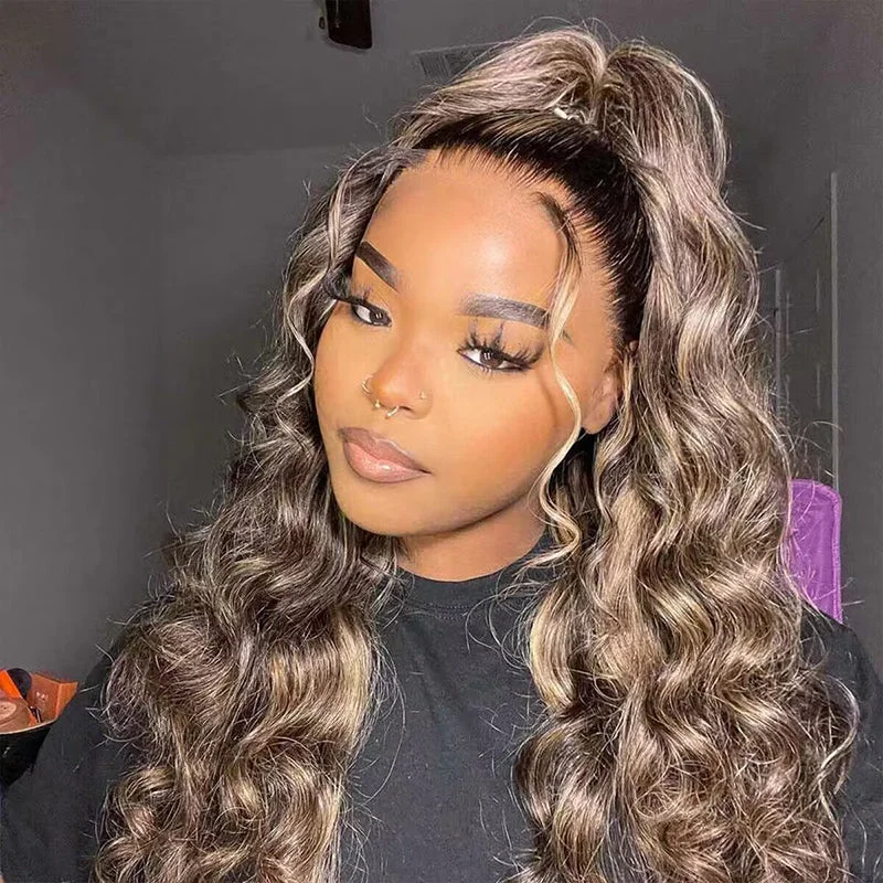 Loose Deep Wave Balayage Highlight Honey Blonde Full Frontal HD Lace Glueless Wigs