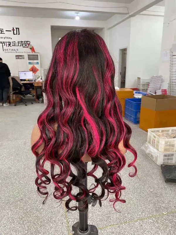 Loose Wave Lace Frontal Wig with Pink Highlight Human Hair  for African American