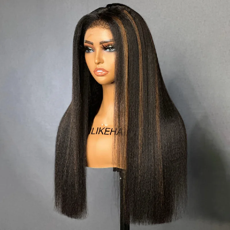 Natural Black Mix Brown Highlights Straight 13x4 HD Lace Front Kinky Edges Wig